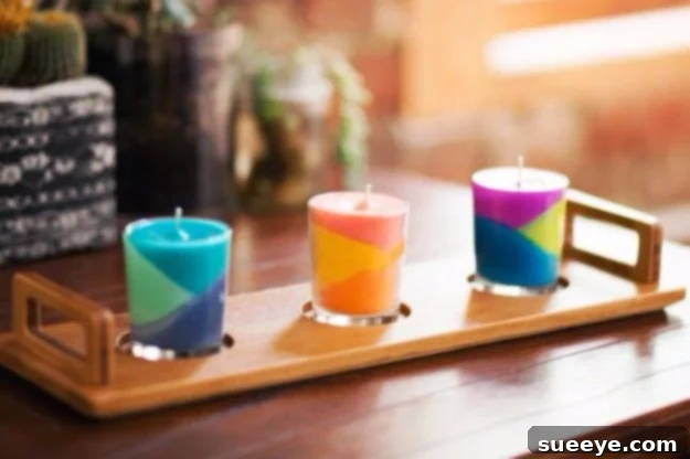 Creative color block candles made with crayons, offering vibrant and customizable designs.