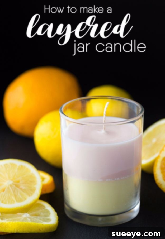 Visually striking layered jar candle with distinct color segments, adding depth to decor.