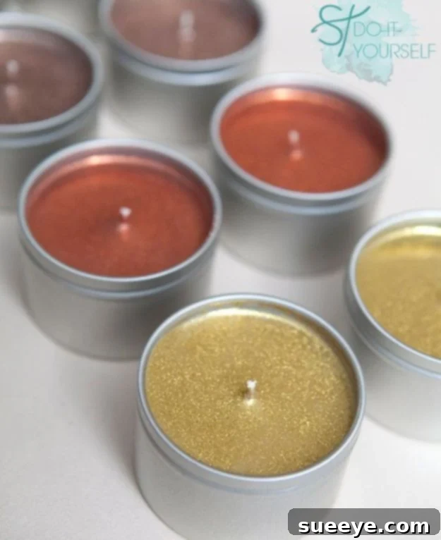 Sparkling poured glitter candles in small tins, perfect for adding festive flair.