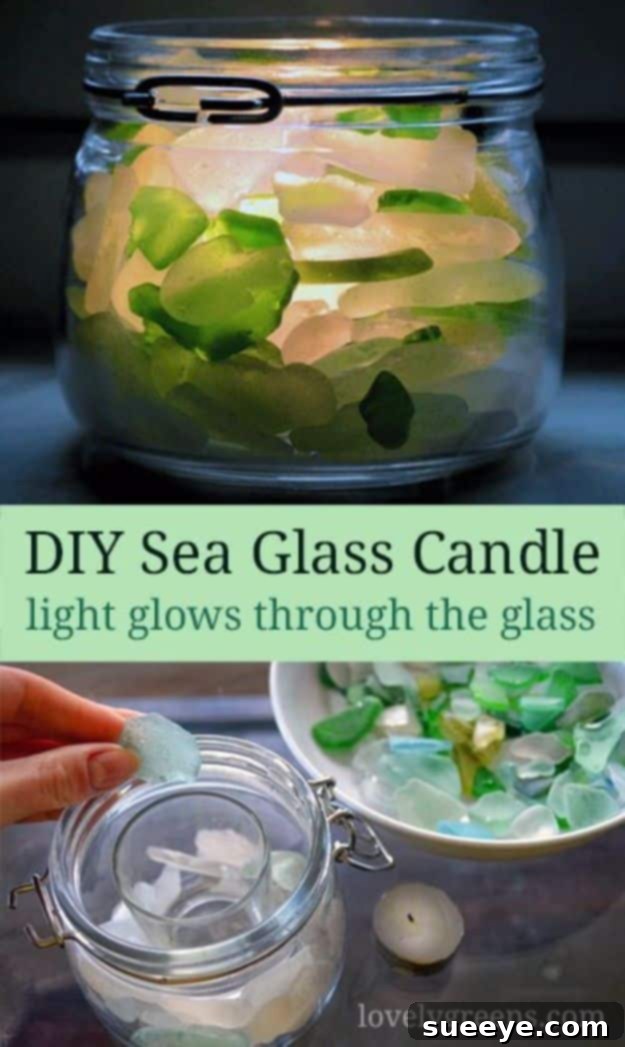 Elegant DIY sea glass candle, perfect for coastal-themed decor or a serene ambiance.