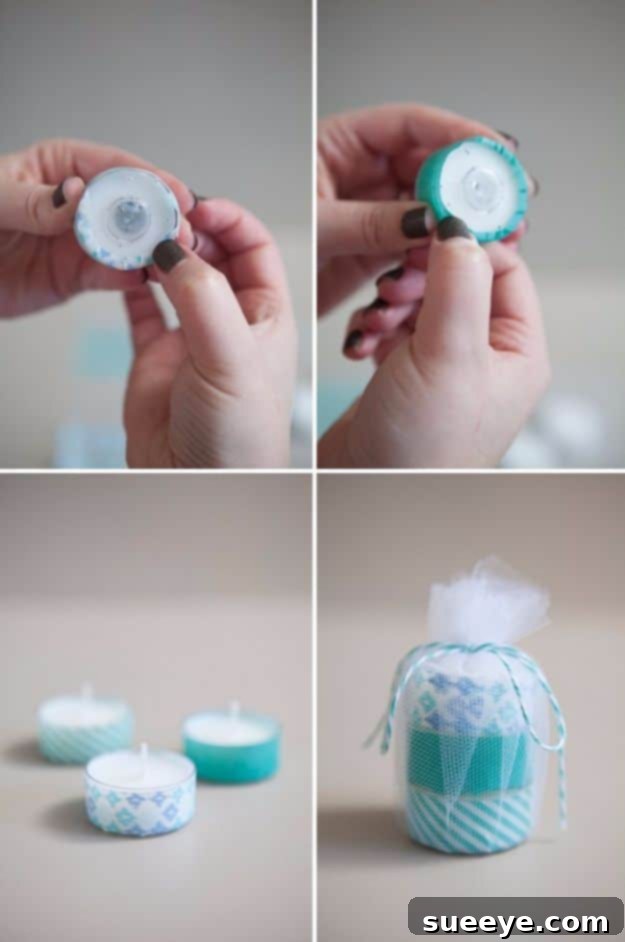 Decorative DIY Washi Tape tea light favors, easy and customizable for parties and events.