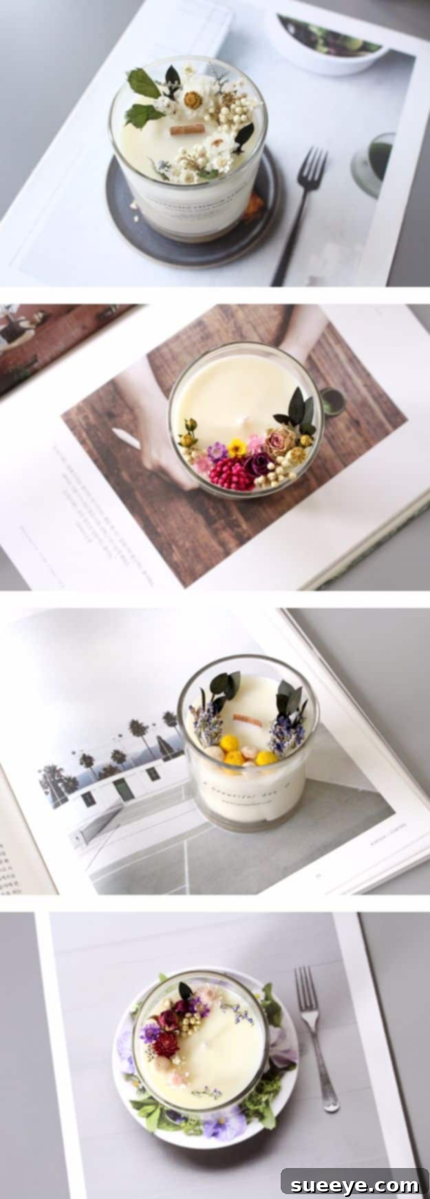 Beautiful candles with embedded dried flowers, creating a natural and elegant display.