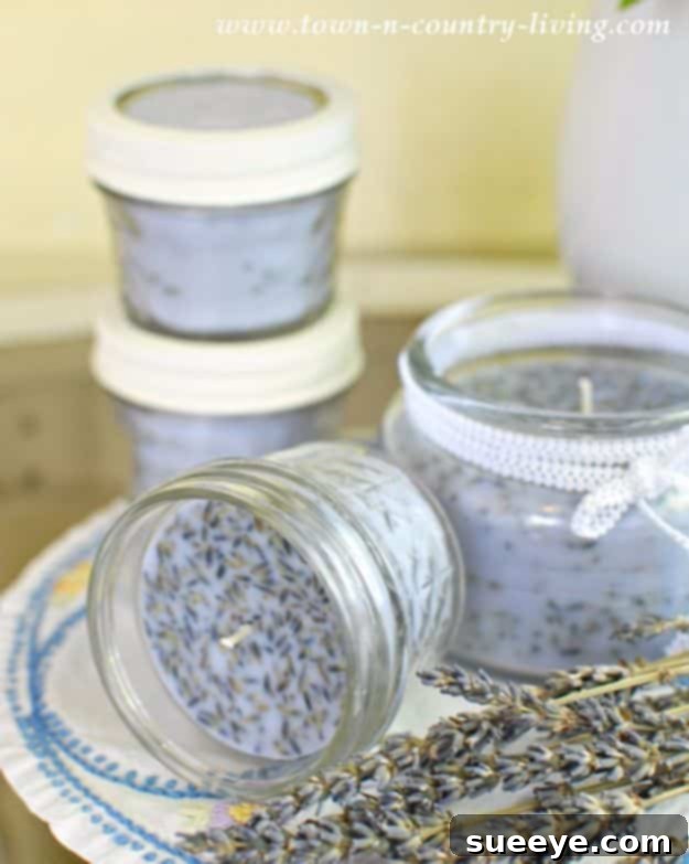 Calming DIY Lavender candles in various containers, promoting relaxation and peace.