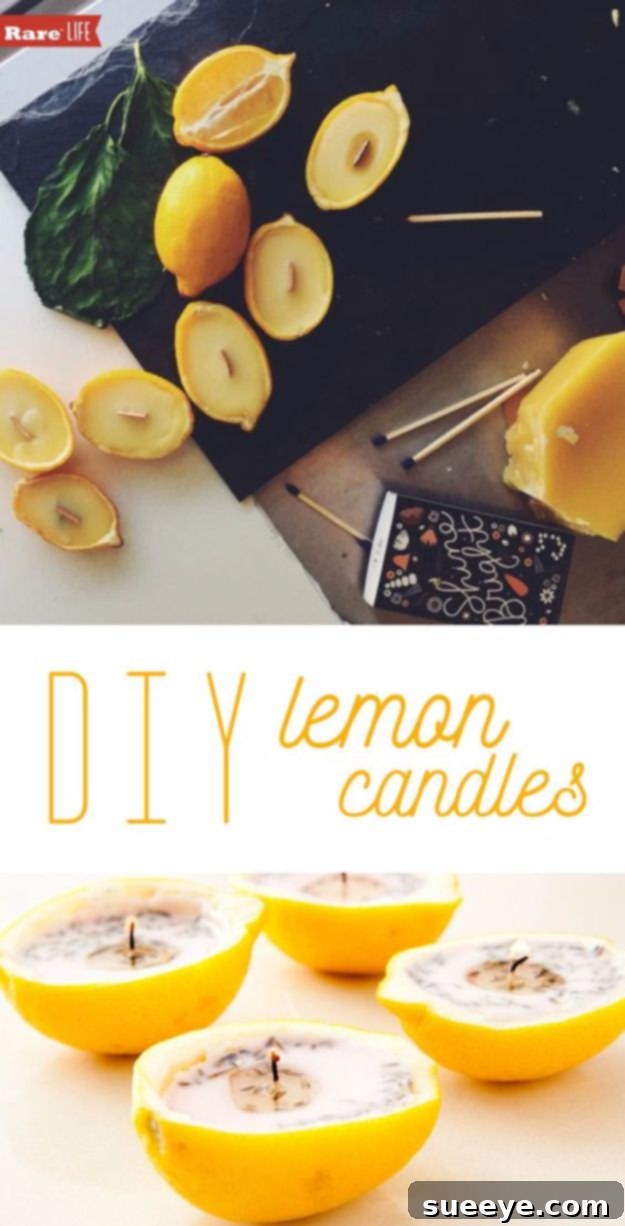 Refreshing DIY lemon candles in various containers, perfect for a bright and uplifting scent.