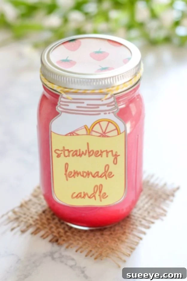 Sweet and zesty homemade Strawberry Lemonade candle, evoking a summery, cheerful mood.