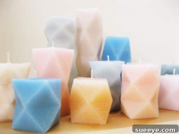 Modern and artistic geometric candles, adding a contemporary touch to home decor.