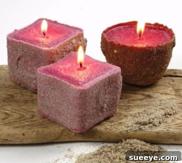 Coastal-inspired beach sand candle, created by molding wax directly in sand for a unique texture.