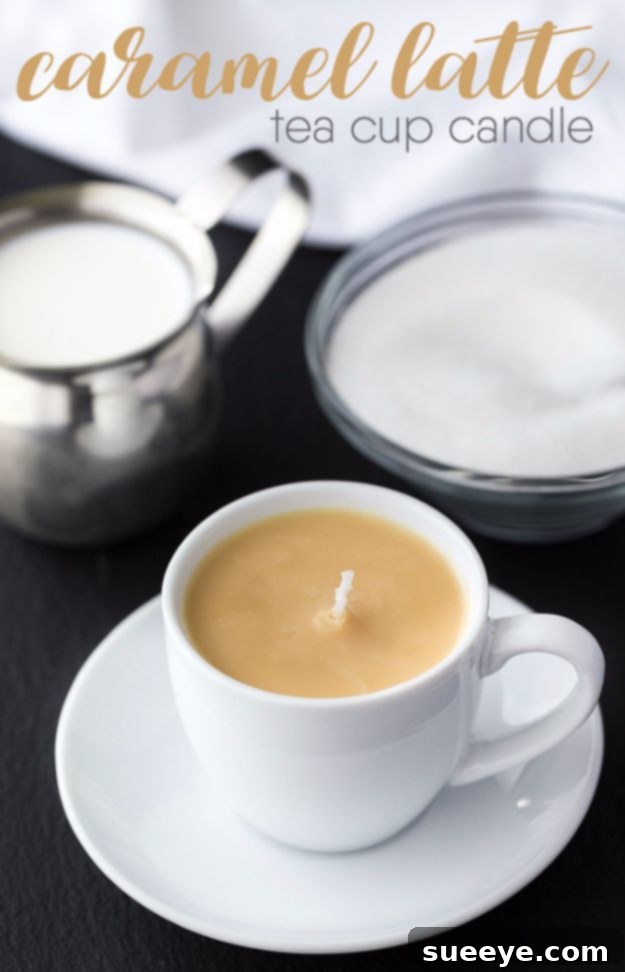 Charming Caramel Latte tea cup candle, a unique and aromatic decorative piece.