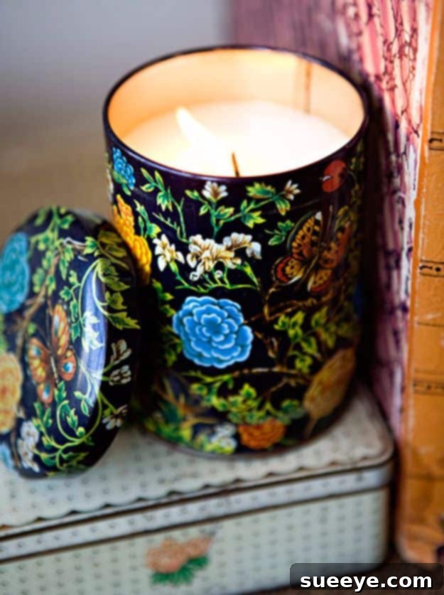 Elegant vintage tin candles, repurposing old containers for a charming, nostalgic look.