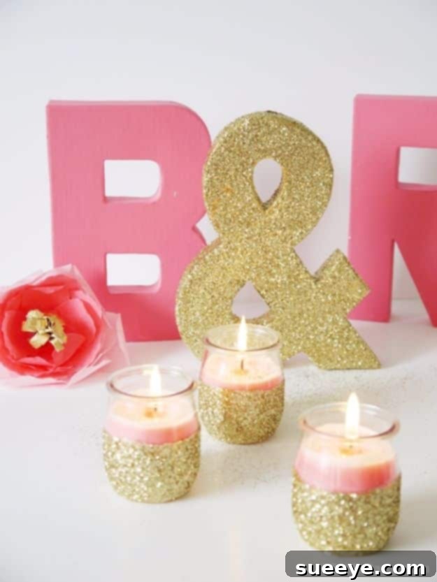 Festive DIY pink candles paired with sparkly glitter candle holders, perfect for celebrations.