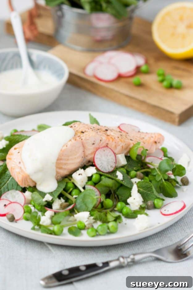 Poached Salmon Recipe for One Poached Salmon with Peas, Feta, Mint, and Yogurt Dressing