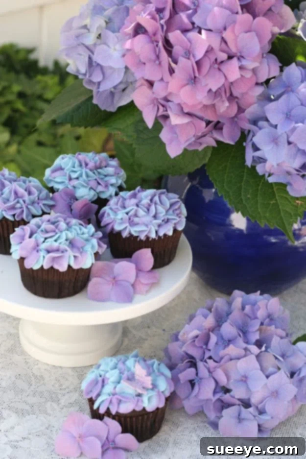 Beautiful Hydrangea Cupcakes - Easier to Make Than You Think Elegant Hydrangea Cupcakes with Blue-Purple Buttercream Flowers
