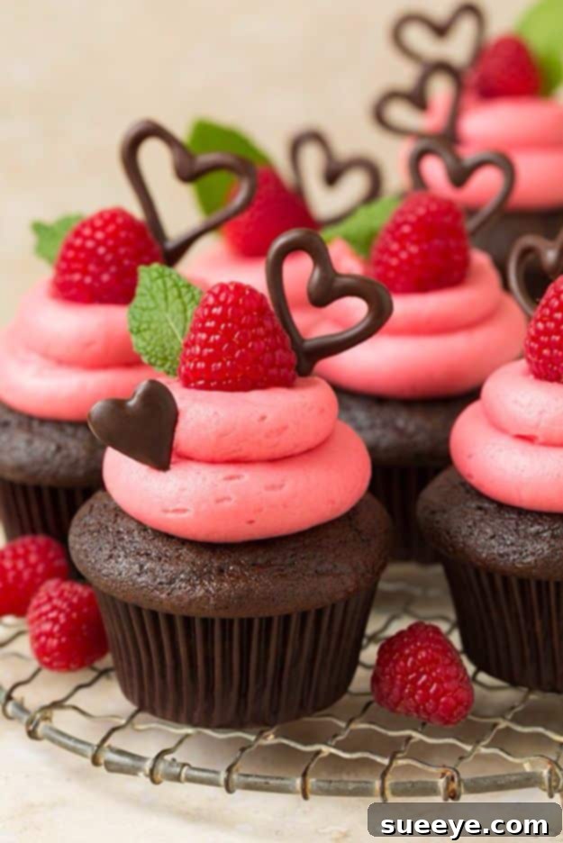 Irresistible Dark Chocolate & Raspberry Buttercream Cupcakes for Valentine's Day Decadent Dark Chocolate Cupcakes with Raspberry Buttercream and Chocolate Hearts