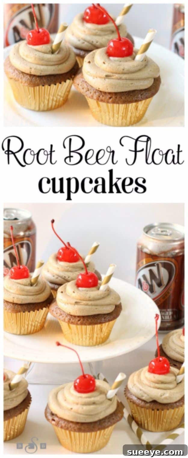 Fun Root Beer Float Cupcakes - A Classic Soda Shop Dessert Nostalgic Root Beer Float Cupcakes with Whipped Cream Topping