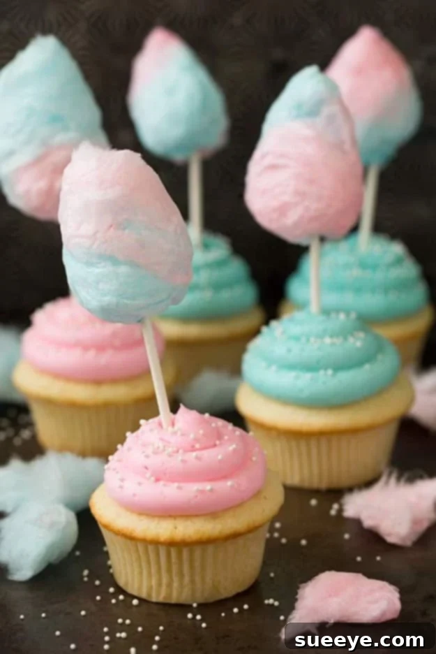 Sweet Cotton Candy Cupcakes - A Childhood Dream Come True Whimsical Cotton Candy Cupcakes for a Magical Birthday Treat
