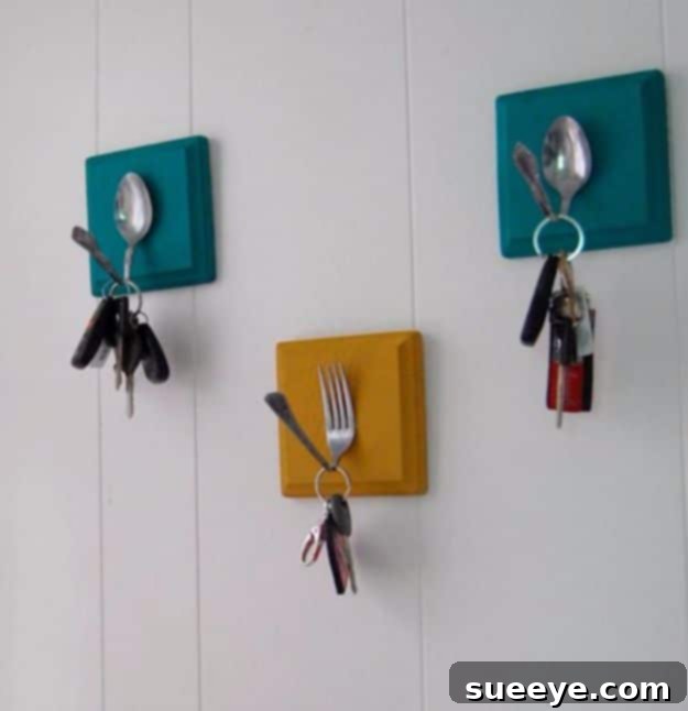 DIY Silverware Upgrades - Kitchen Utensil Key Rack - Creative Ways To Improve Boring Silver Ware and Palce Settings - Paint, Decorate and Update Your Flatware With These Creative Do IT Yourself Tutorials- Forks, Knives and Spoons all Get Dressed Up With These New Looks For Kitchen and Dining Room 