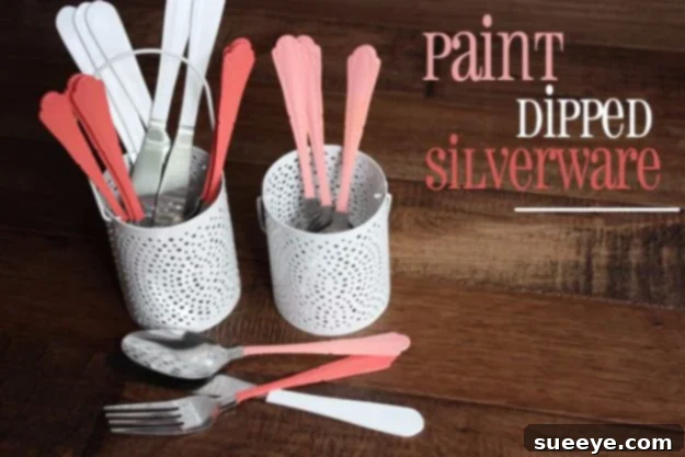 DIY Silverware Upgrades - Paint Dipped Silverware DIY - Creative Ways To Improve Boring Silver Ware and Palce Settings - Paint, Decorate and Update Your Flatware With These Creative Do IT Yourself Tutorials- Forks, Knives and Spoons all Get Dressed Up With These New Looks For Kitchen and Dining Room 