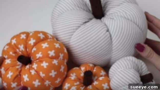 DIY Fabric Pumpkins Soft fabric pumpkins in various fall tones as DIY decor