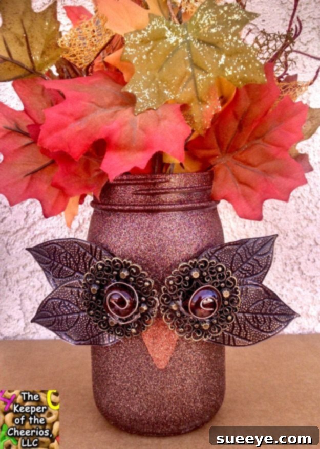 Fall Owl Mason Jar Mason jar decorated as a cute fall owl with leaves and beads