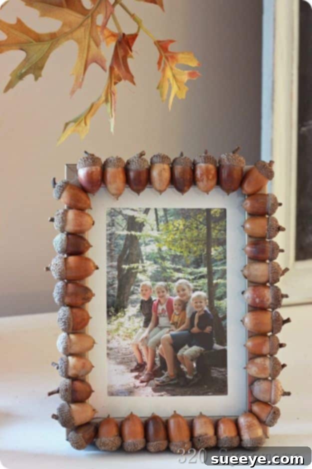 Acorn Embellished Picture Frame Picture frame adorned with real acorns for a rustic fall look
