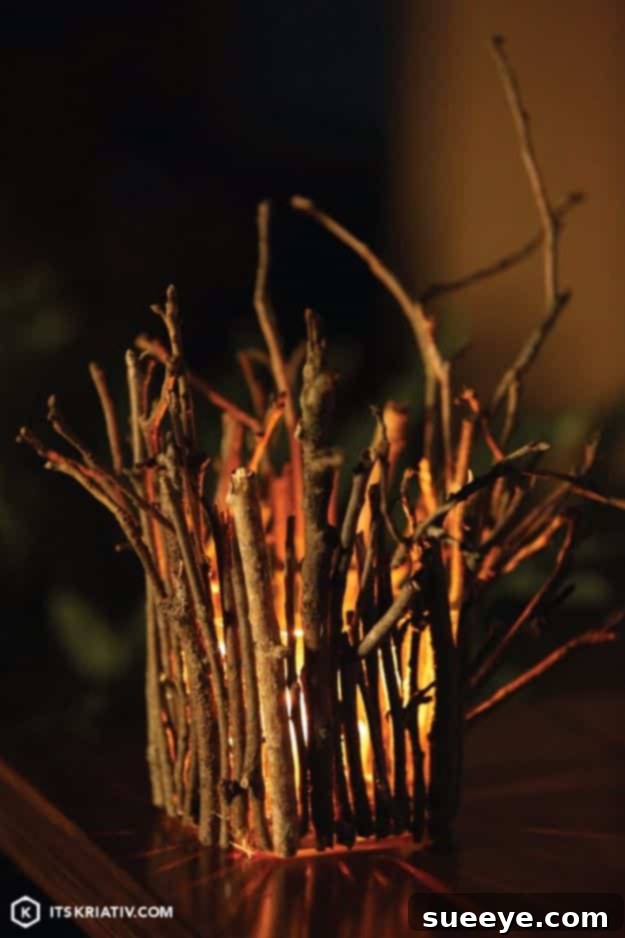 Twinkling Twigs Luminaries Glass luminaries wrapped with natural twigs and string lights