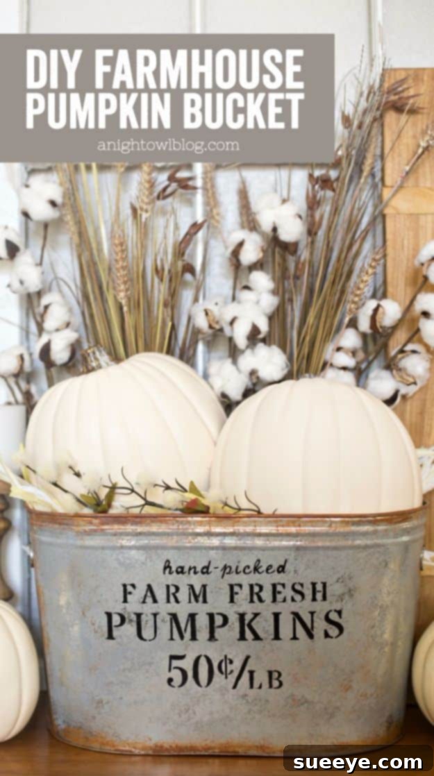 DIY Farmhouse Pumpkin Bucket Faux galvanized pumpkin bucket with distressed vintage pricing for farmhouse decor
