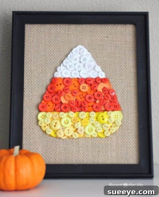 Candy Corn Button Art Wall art featuring a candy corn design made from yellow, orange, and white buttons