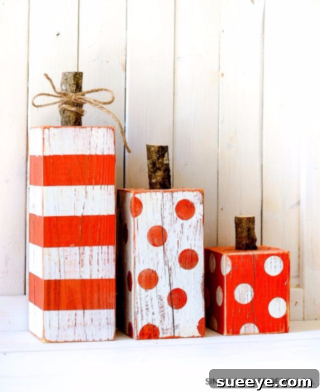 Striped & Polka Dot 4x4 Wood Pumpkins Decorative wooden pumpkins with striped and polka dot patterns
