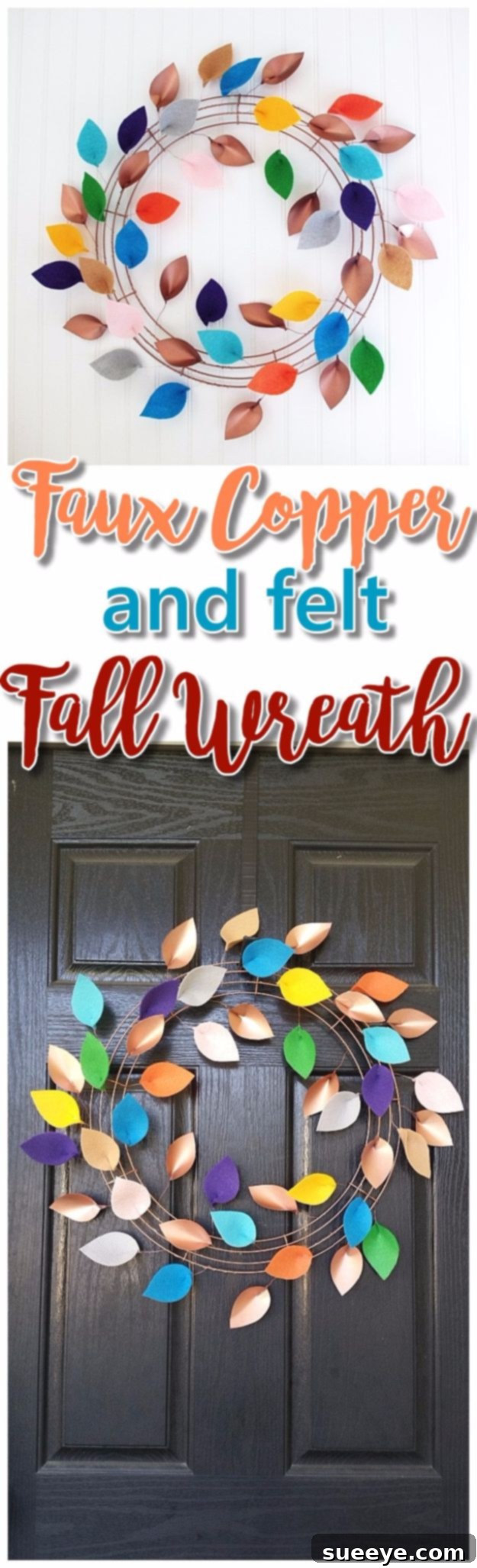 DIY Faux Copper Paper and Felt Leaves Fall Wreath Modern fall wreath made with felt and faux copper paper leaves