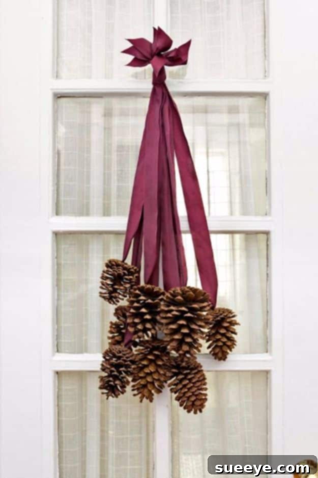 Pinecone Decor Decorative cluster of pinecones tied with velvet ribbon for fall