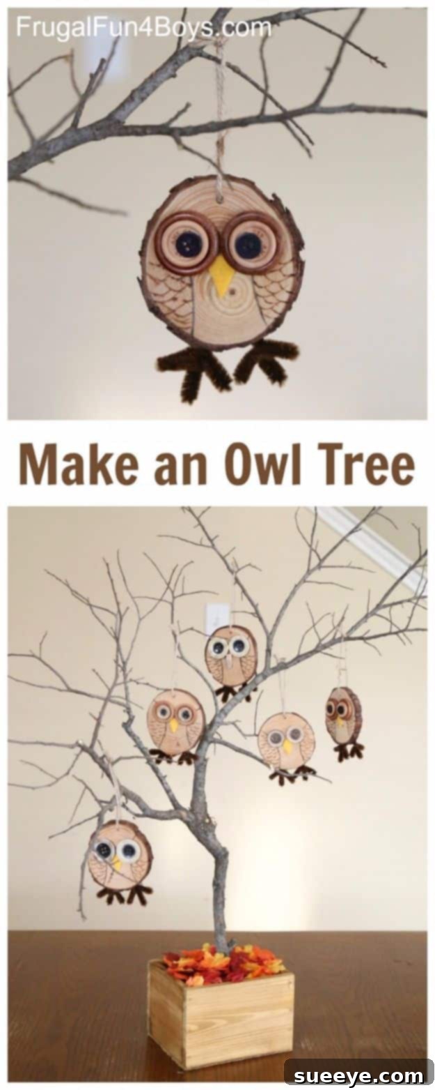 DIY Owl Tree Decorative tree branch with handmade owls representing family members