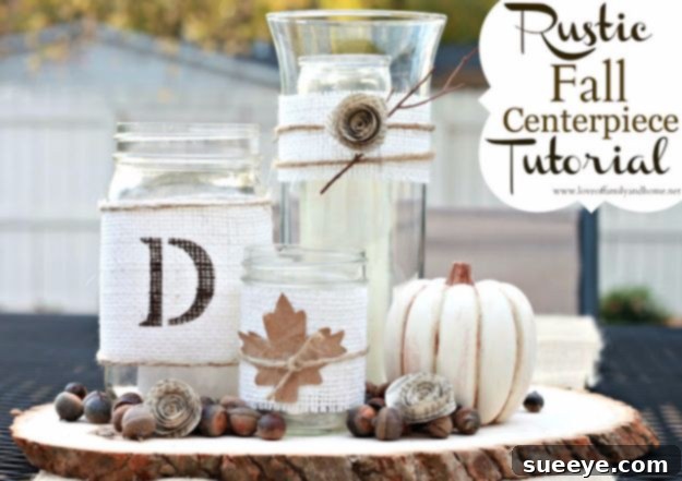 Rustic Fall Centerpiece Rustic fall centerpiece with decorated jars, burlap, and natural elements
