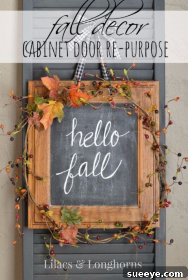 Repurposed Cabinet Fall Decor Repurposed cabinet door with a chalkboard center and fall garland