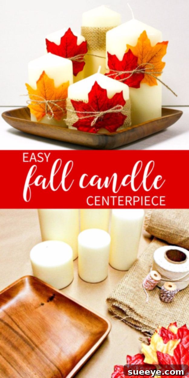Fall Candle Centerpiece Tall candles adorned with burlap, twine, and faux fall leaves