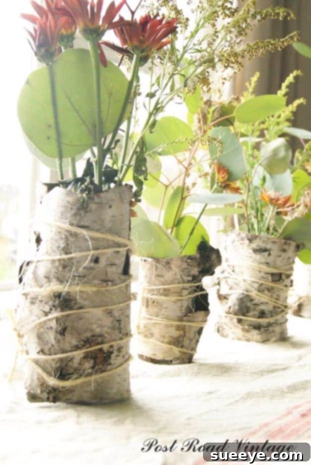 DIY Birch Bark Vase Glass vase wrapped with natural birch bark and jute twine