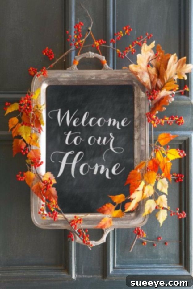 Fall Welcome Sign Repurposed silver tray used as a chalkboard fall welcome sign