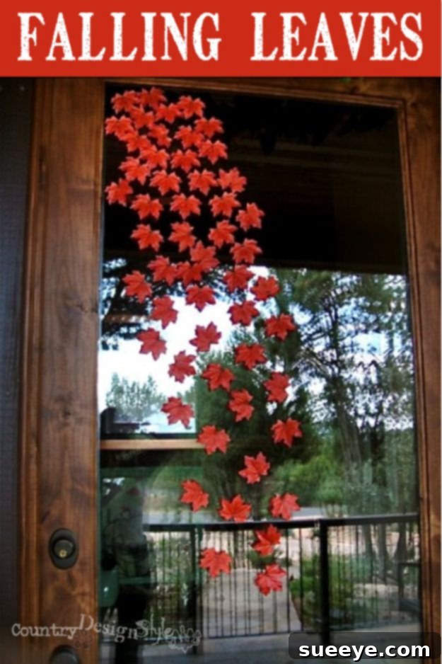 Falling Leaves Door Decor Door decorated with a cascading pattern of artificial fall leaves