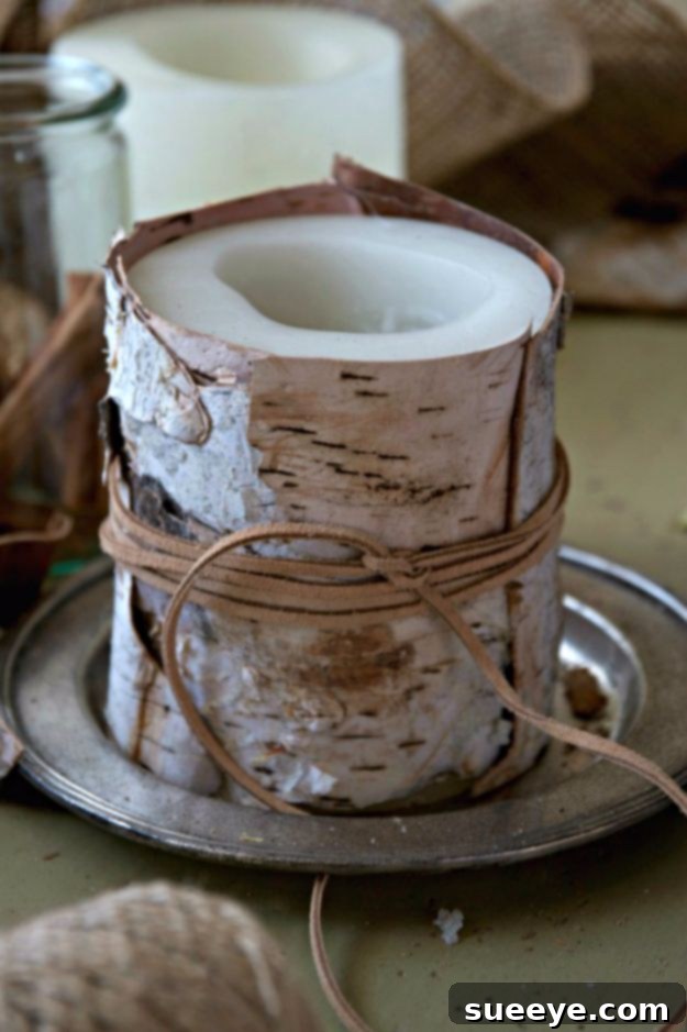 Birch Bark Decorated Candle Candle adorned with natural birch bark and leather string