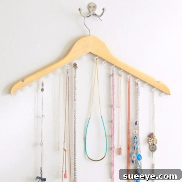 DIY Clothes Hanger Jewelry Storage DIY jewelry storage made from a clothes hanger