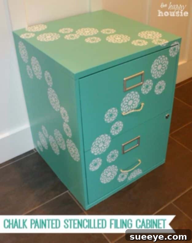 Chalk Painted Stenciled Filing Cabinet A filing cabinet elegantly chalk painted and stenciled with a decorative pattern.
