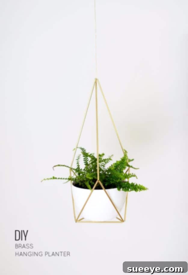 Modern geometric DIY brass Himmeli hanging planter for air plants.