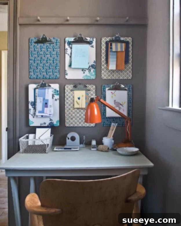 Clipboard decorated with colorful wallpaper, a stylish office accessory DIY.