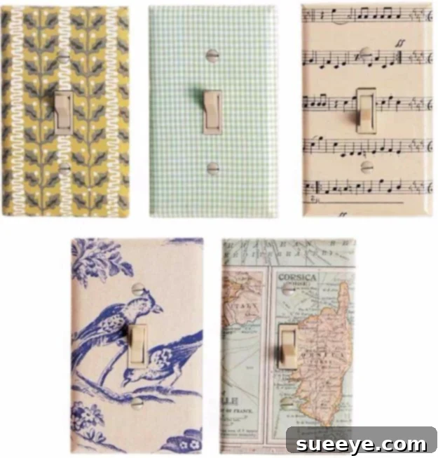 Light switch plate covered with patterned wallpaper, creating a cohesive room design.
