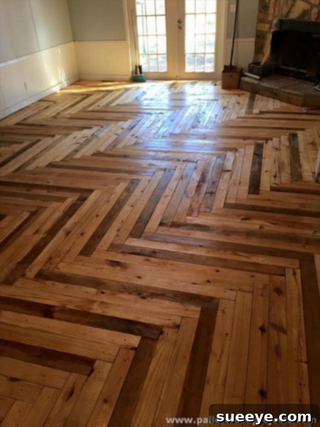 Rustic pallet wood flooring showcasing various wood tones and textures