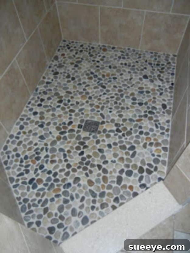 Textured natural pebble stone shower floor design