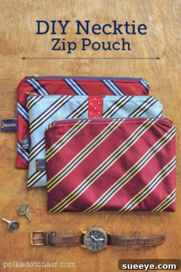 Handmade Zip Pouch crafted from a classic men's necktie, an excellent DIY Christmas gift idea for him.