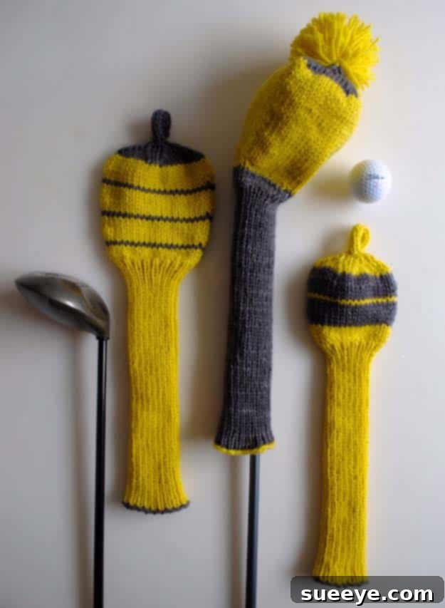 Hand-knitted loop golf club covers, a custom and thoughtful DIY gift for golfers.