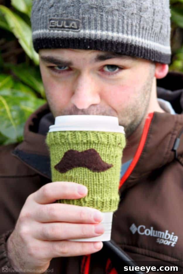 Quirky mustache cup cozy, a fun and unique DIY gift for coffee or tea lovers.