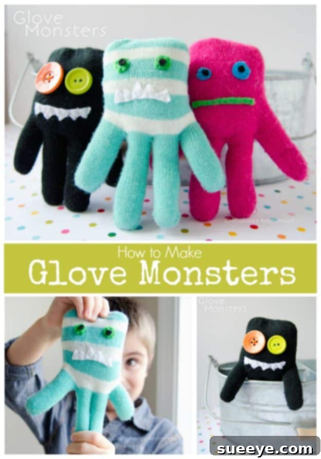 Glove monster craft for boys, a creative upcycling project DIY glove monsters for kids, made from lost gloves, quirky and fun