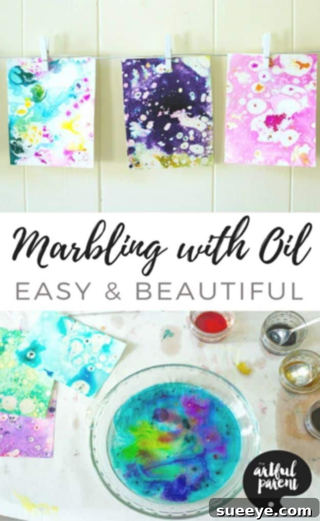 Oil marbling craft for kids, a fun science and art project DIY marbling art for boys using oil and food coloring, vibrant and abstract